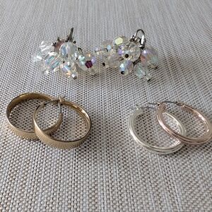 3  Pairs Vintage Earrings - Hoops - Crystals Gold and Rose Tone - EUC - 1" Rare
